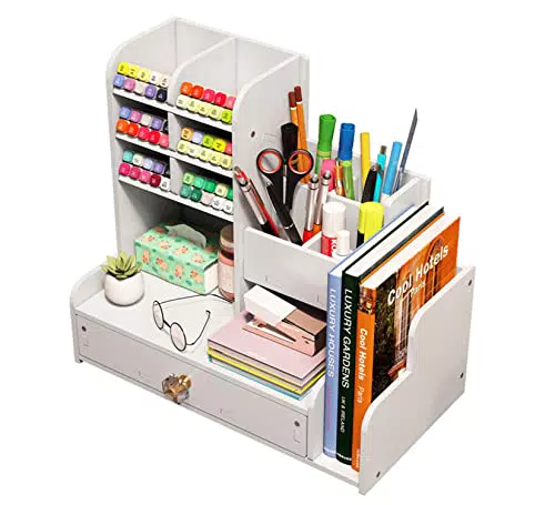 RUIXUE Portapenne da Scrivania in Legno con Cassetto e Grande Capacità