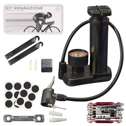 Kit Riparazione Bici 3 in 1 - Multitool, Pompa a Pedale e Kit Foratura Universale