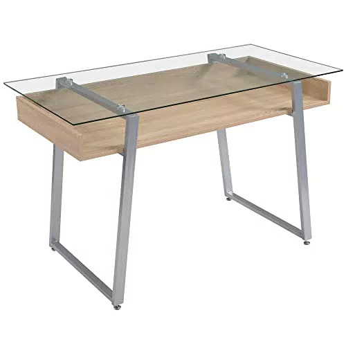 HOMCOM Scrivania da Computer con Piano in Vetro Temperato e Telaio in Legno e Acciaio