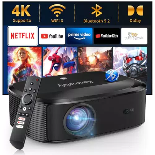 Konsoefuly Proiettore 4K Wifi/Bluetooth con Netflix, Prime Video e YouTube