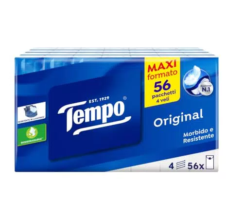 Tempo Fazzoletti di Carta Tascabili Classic, 4 Veli, Resistente in Lavatrice