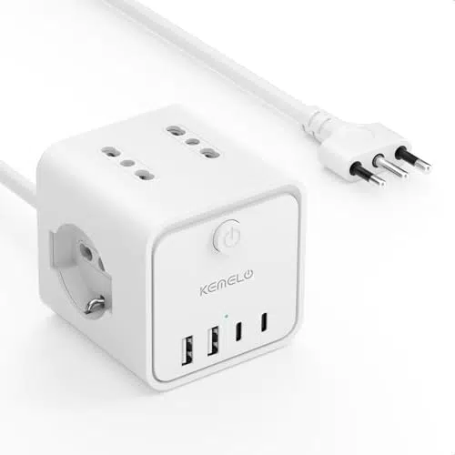 Ciabatta Elettrica Multipresa con Prese Universali, USB A e USB C, Salvaspazio