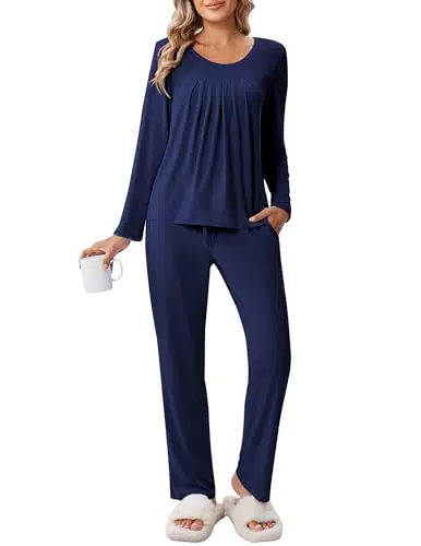 Ekouaer Pigiama Donna Invernale in Cotone con Tasche e Coulisse