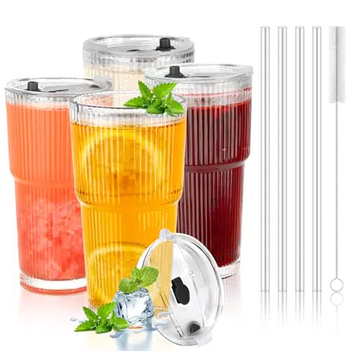 LUOJINYI Bicchieri in Vetro con Coperchio e Cannuccia, 600 ml
