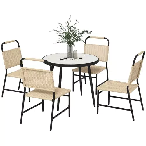 Outsunny Set da Giardino in Rattan PE con Tavolo in Vetro Effetto Marmo e Sedie