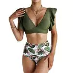 Yuson Girl Bikini Ruffle Bandeau Halter Alta Vita Stampa Push Up