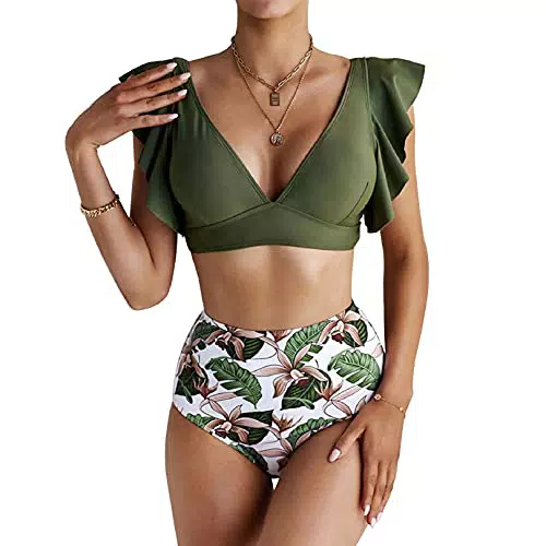 Yuson Girl Bikini Ruffle Bandeau Halter Alta Vita Stampa Push Up