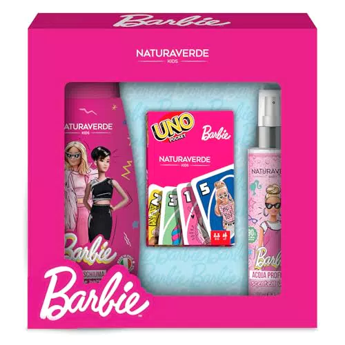 Barbie Gift Set con Carte UNO, Bagnoschiuma e Acqua Profumata