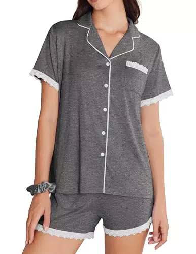Ekouaer Pigiama Donna Estivo Corto con Bottoni e Maniche Corte