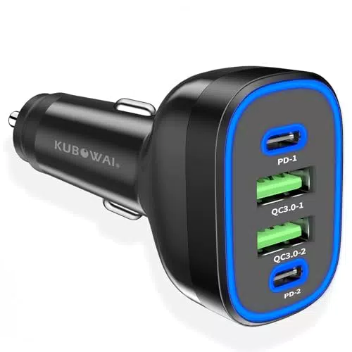 KUBOWAI Caricatore Auto 72W USB C 4 Porte Ricarica Rapida per iPhone e Samsung