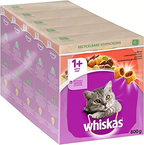 Whiskas Adult 1+ cibo secco per gatti adulti, crocchette al manzo