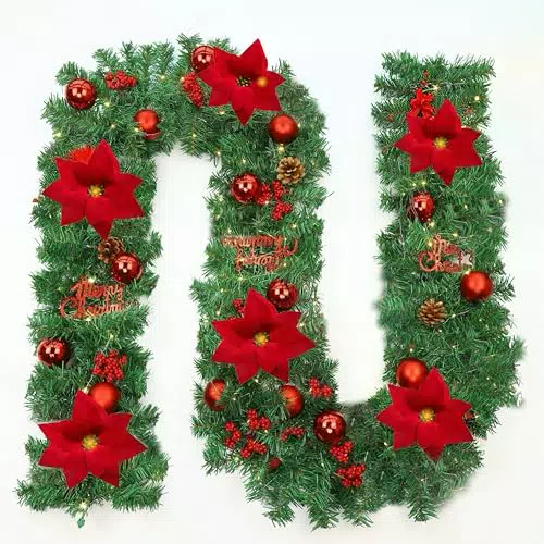 Ghirlanda Natalizia con Luci, Fiori e Pigne per Interni ed Esterni