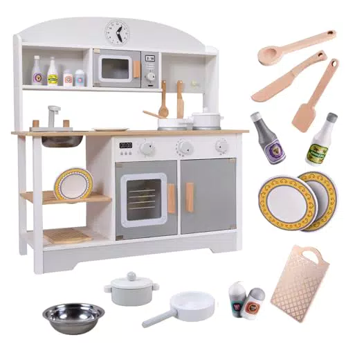 Cucina giocattolo in legno Montessori per bambini con accessori educativi