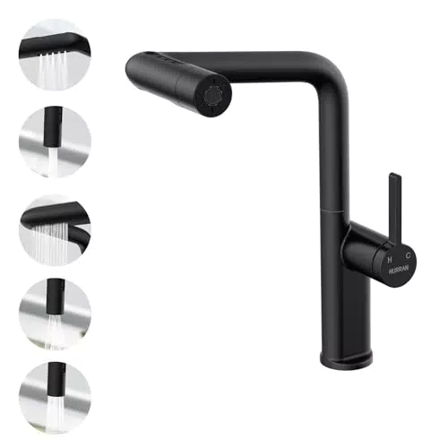 HURRAN Miscelatore cucina con doccetta estraibile e 5 modalità, girevole 360°