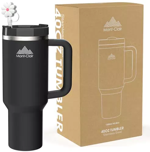 Mont-Clair Bicchiere da viaggio isolato in acciaio inox con manico e cannuccia