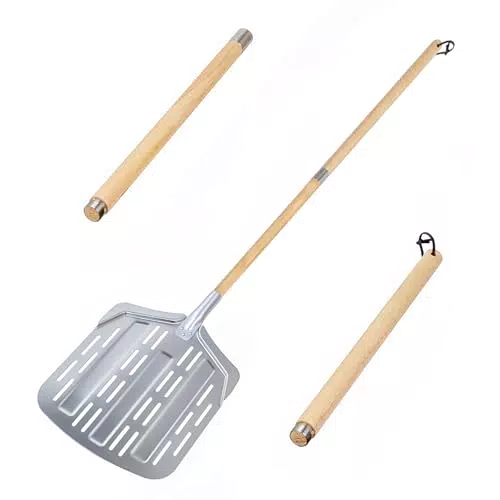 Pala per pizza perforata con manico in legno e gancio per forno e barbecue