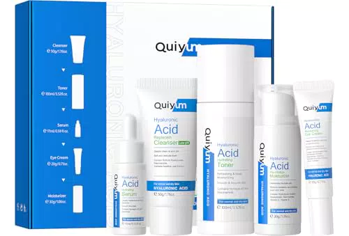 QUIYUM Set Skincare Viso con Acido Ialuronico – Detergente, Tonico, Crema, Siero
