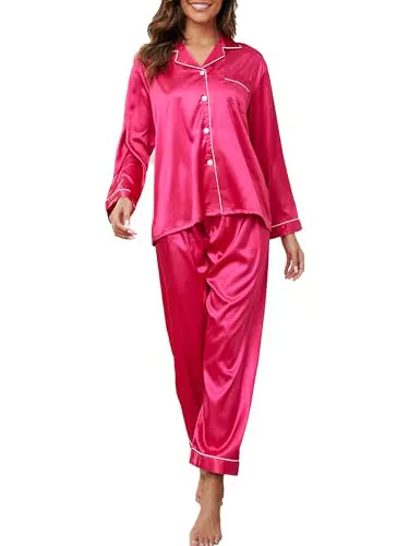 Reliwel Pigiama Donna in Raso a Maniche Lunghe con Bottoni e Scollo V