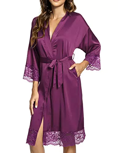 Tuopuda Pigiama Kimono Donna Elegante in Raso con Pizzo e Cintura
