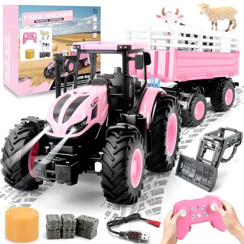 YOOHBERRYS Trattore Telecomandato per Bambini con Rimorchio e Luci 2,4 GHz