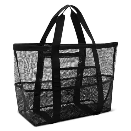 Borsa da spiaggia donna pieghevole, grande, in rete con tasche impermeabili