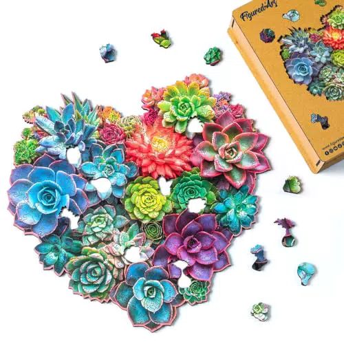 Figured'Art Puzzle in Legno Cuore di Succulente per Adulti e Bambini Idea Regalo
