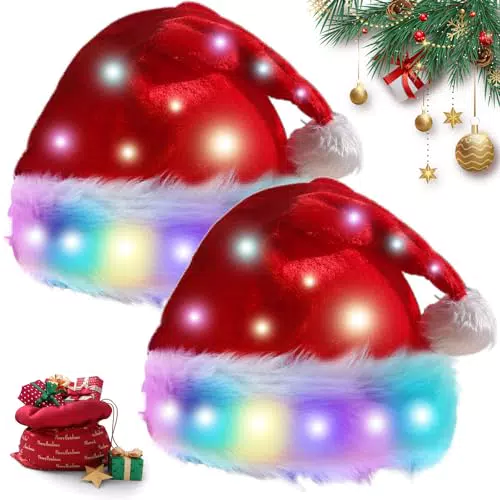 GAOUTO Cappello di Natale in Peluche con LED Luminoso Unisex per Famiglia