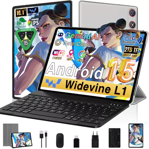 Tablet Android 15 10 Pollici, 64GB, WiFi 6, Octa-Core, 2 in 1 con Tastiera e Mouse