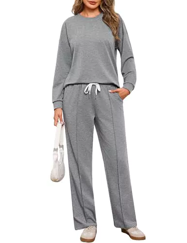 Terecey Tuta Donna Completa Sportiva Invernale Set Allenamento Felpato Vestibilità Ampia con Girocollo e Contrasto di Colori Moderni Grigio