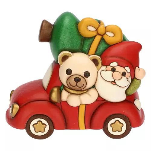 THUN Teddy e Gnomo Oliver con Macchina in Ceramica – Statuina Natale da Collezione