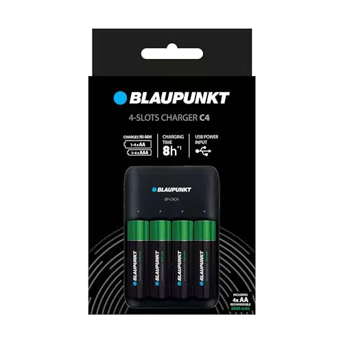 Blaupunkt Caricabatterie USB per Pile Ricaricabili AA AAA con Batterie Incluse