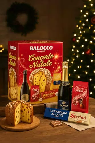 Cofanetto Regalo Natale con Panettone Mandorlato, Spumante, Praline e Torrone