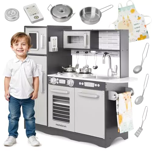 Mamabrum Cucina Giocattolo in Legno per Bambini con LED, Forno e Accessori Educativi