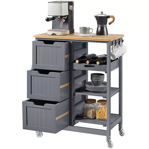 Yaheetech Carrello Cucina Salvaspazio con Ruote, 3 Cassetti e Ripiani in Legno