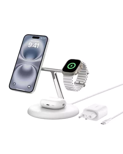 Belkin Supporto Ricarica Wireless Magnetica 3 in 1 Qi2 15W MagSafe per iPhone Apple Watch AirPods
