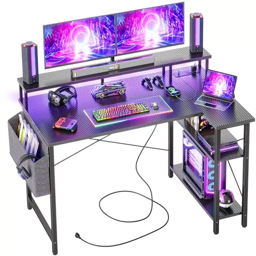 Bexevue Scrivania Angolare con LED, Portaoggetti, Reversibile per Gaming e Studio