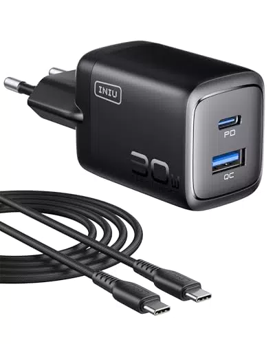 INIU Caricatore USB C 30W GaN 2 Porte, PD Rapido per iPhone, Samsung, Xiaomi, Pixel