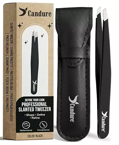 Candure Pinzetta Sopracciglia Professionale Obliqua Acciaio Inossidabile con Custodia