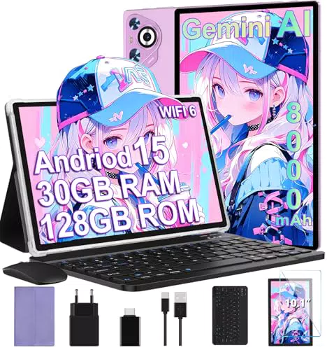 Tablet Android 15, 10 Pollici, 30GB RAM, 128GB ROM, Tastiera, Mouse, Custodia