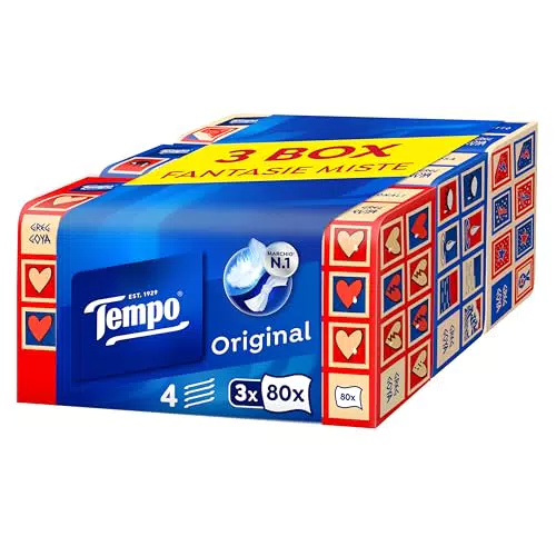 Tempo, Scatola di Fazzoletti di Carta, 3 Scatole da 80 Fazzolettini Monouso