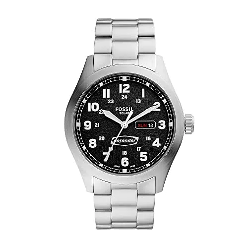 Fossil Orologio Defender da uomo, movimento solare, cassa in acciaio inossidabile nera da 46 mm con cinturino in pelle