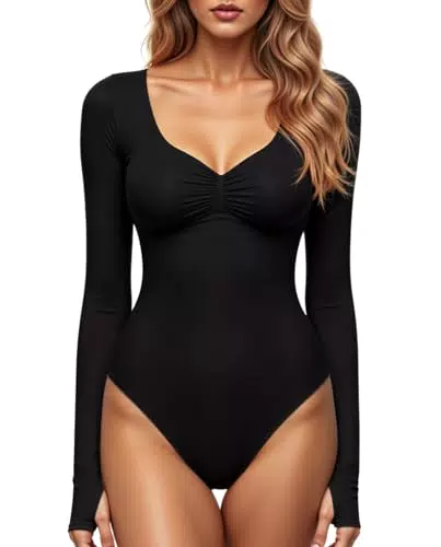 GJY Body Donna Scollo Quadrato a V Top Sexy Moda Manica Lunga Elasticizzato