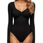 GJY Body Donna Scollo Quadrato V Manica Lunga Top Sexy Elasticizzato Moda