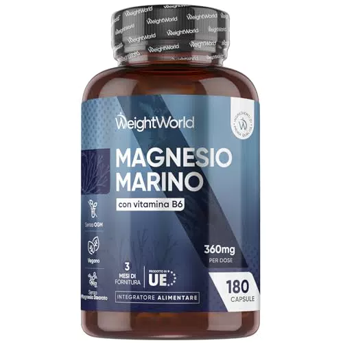 Magnesio Marino con Vitamina B6, Integratore Antistanchezza Donna e Uomo, Vegano