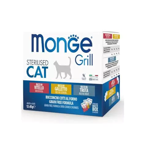 Monge Grill Sterilizzato Multipack Pollo Trota Vitello Cibo Umido per Gatti