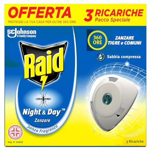 Raid Night & Day Ricarica Antizanzare Inodore a Sabbia Compressa Senza Profumo