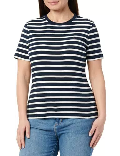 Tommy Hilfiger Donna T-Shirt Slim Cody a Maniche Corte con Scollo Rotondo