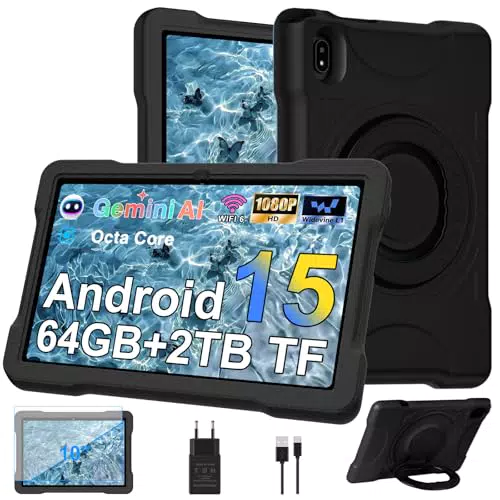 UJJ Tablet 10 Pollici Android 15, 30GB RAM, Octa-Core, WiFi 5G, AI Gemini, Custodia Antiurto