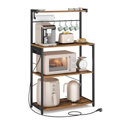 VASAGLE Scaffale da Cucina con Multipresa e 8 Ganci, Ripiani Regolabili, Supporto Microonde