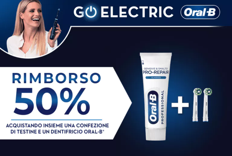 Cashback OralB: 50% di sconto su dentifricio e testine